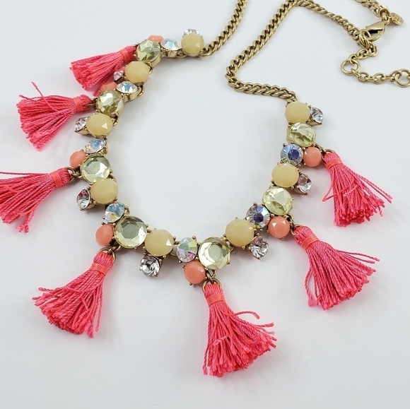 J. Crew necklace pink tassels aurora borealis rhinestones A0302 - Picture 3 of 11